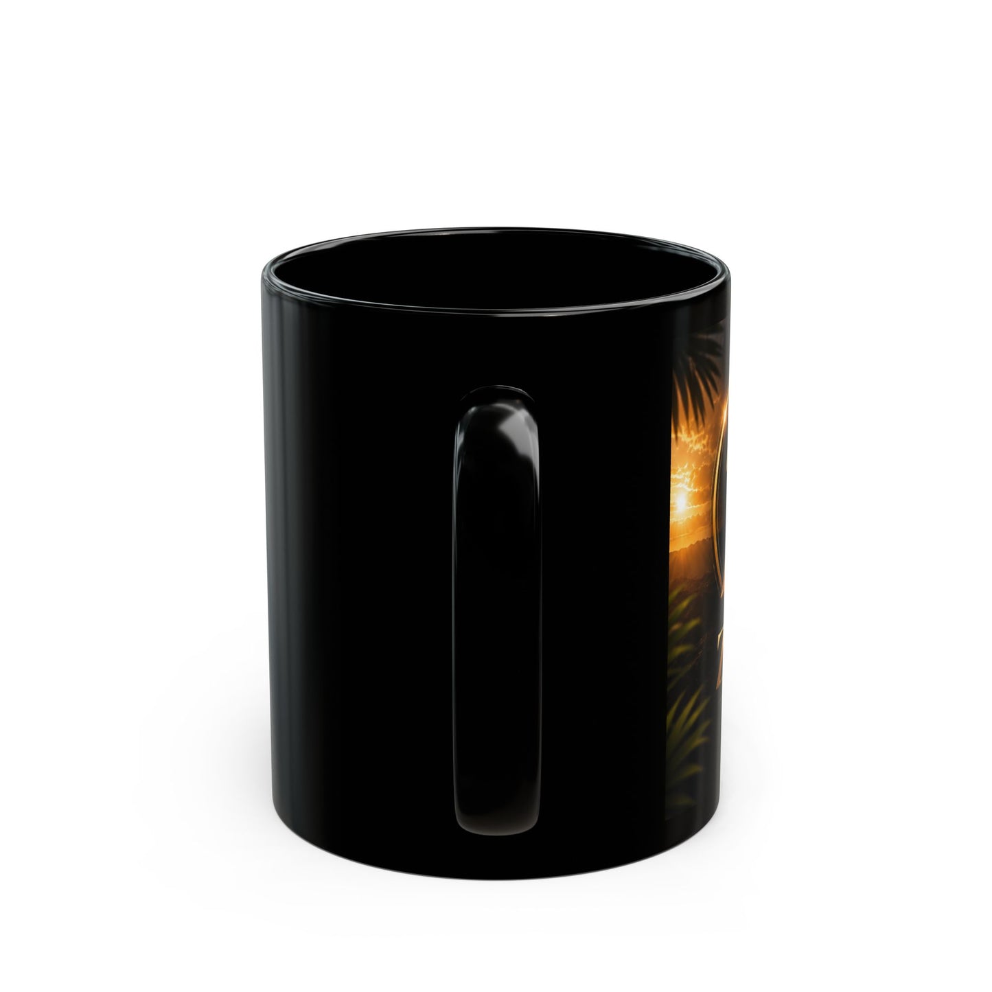 Forest Path Black Mug — Serene Woodland Coffee Cup with Golden Emblem (11oz/15oz)