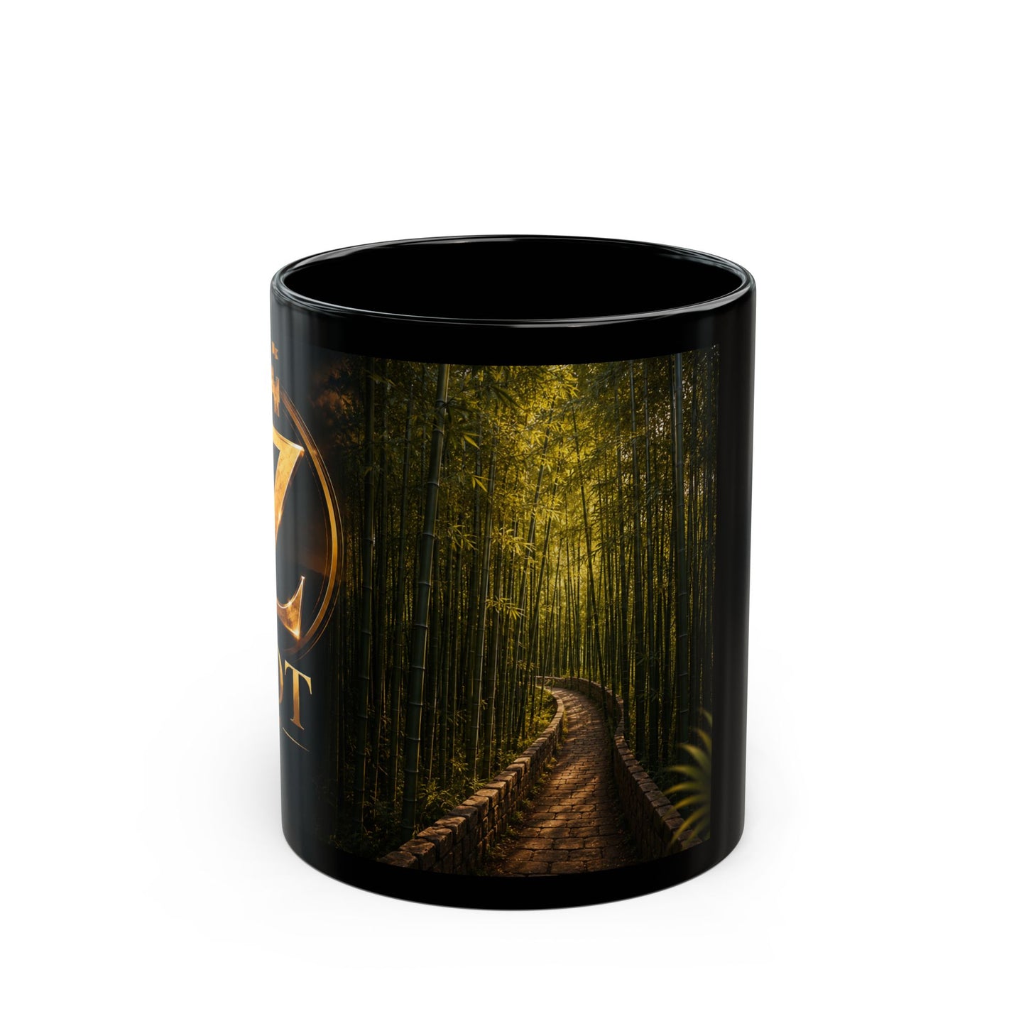 Forest Path Black Mug — Serene Woodland Coffee Cup with Golden Emblem (11oz/15oz)