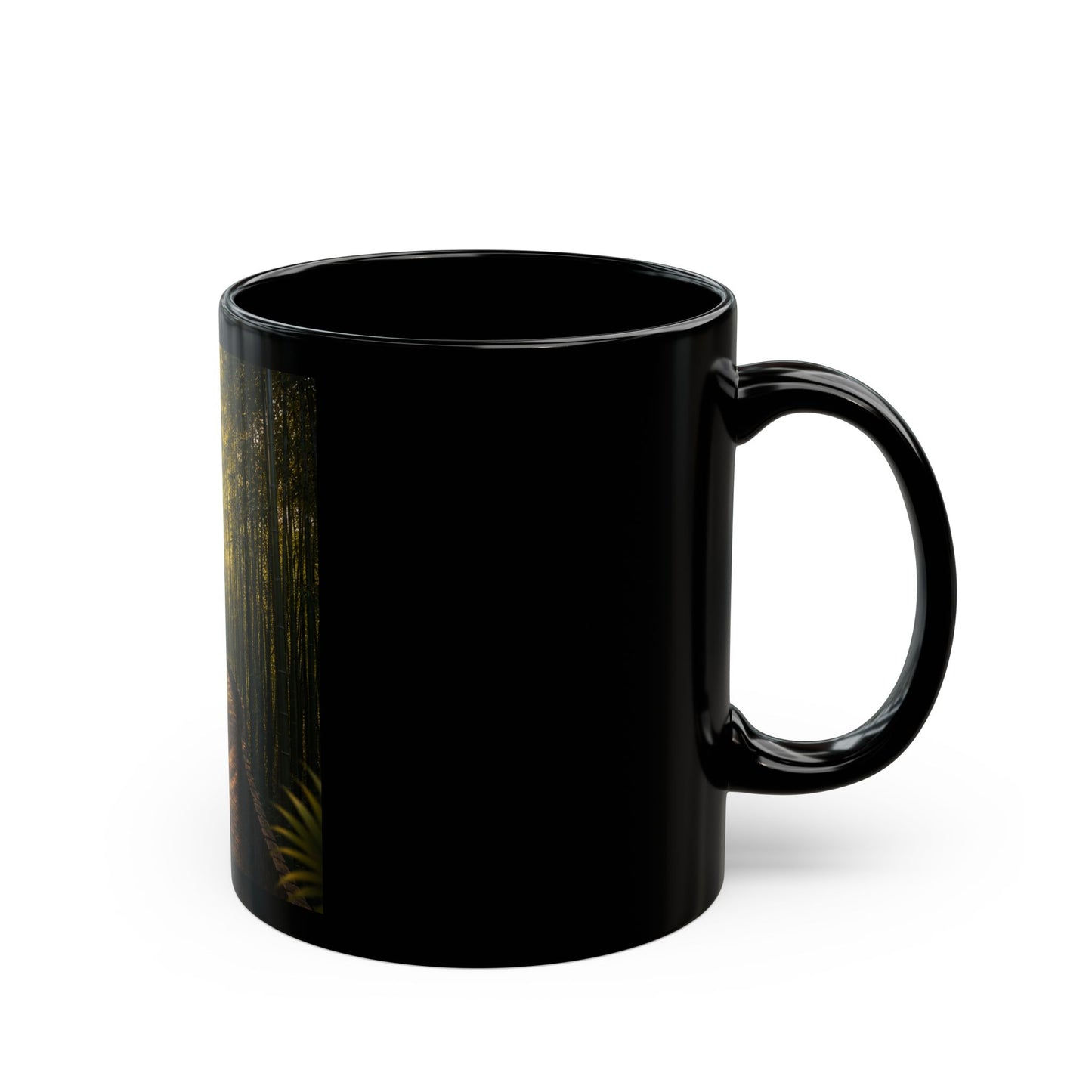 Forest Path Black Mug — Serene Woodland Coffee Cup with Golden Emblem (11oz/15oz)