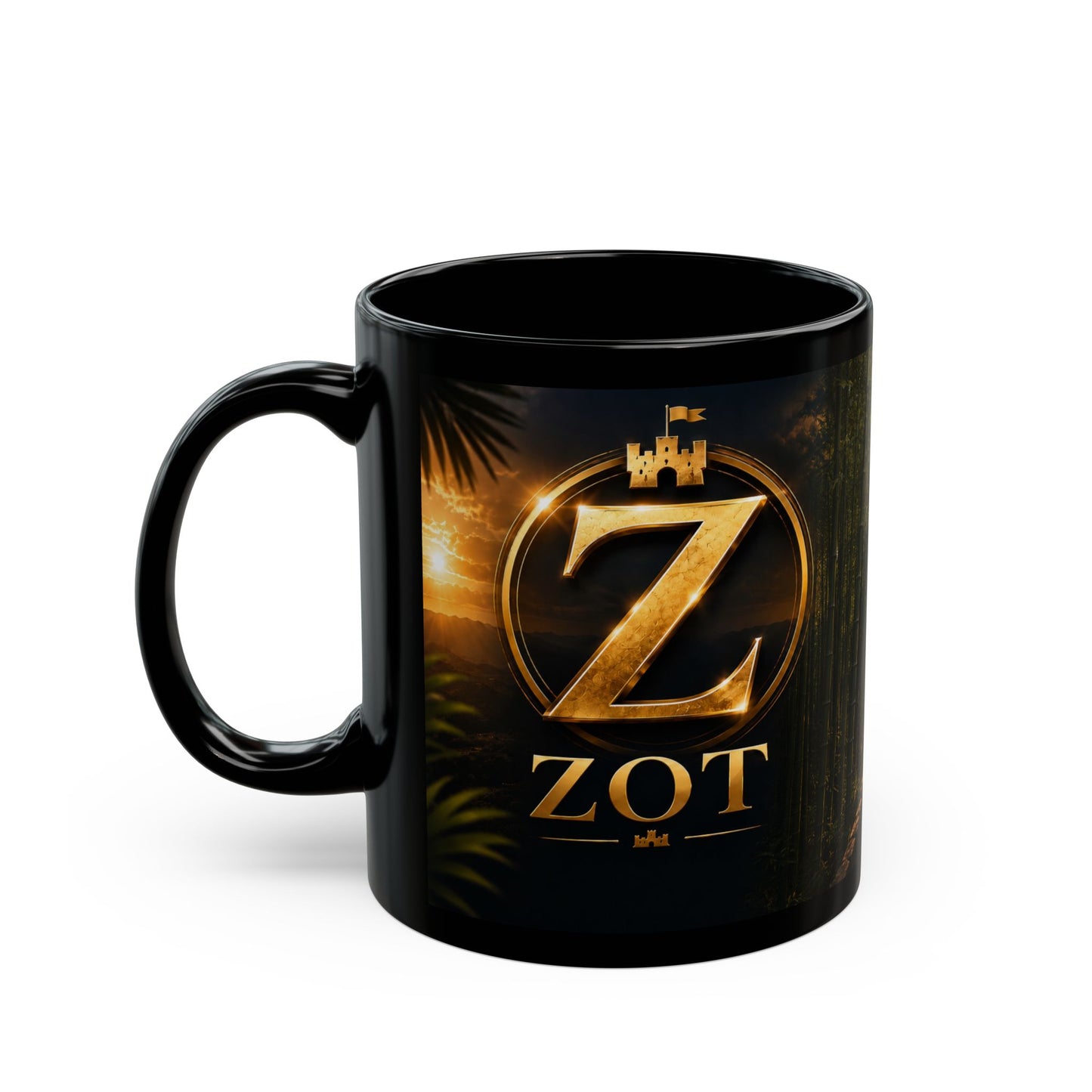 Forest Path Black Mug — Serene Woodland Coffee Cup with Golden Emblem (11oz/15oz)